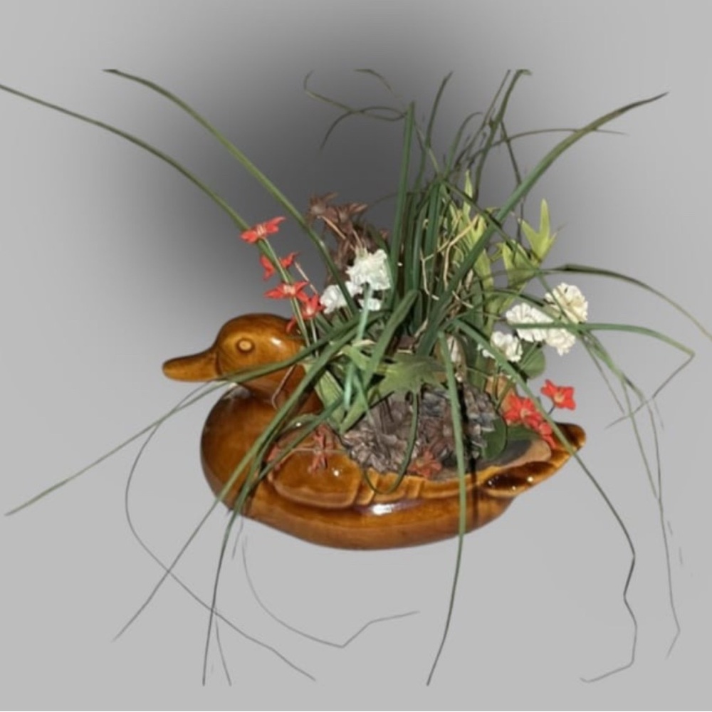 Vintage Ceramic Mallard Duck Planter With Faux Wild Flower Arrangement